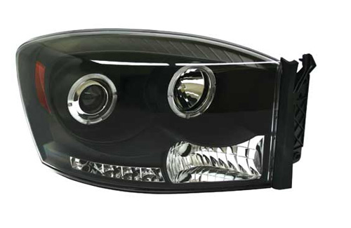 Black Halogen Projector Headlights With LEDs 06-08 Dodge Ram - Click Image to Close